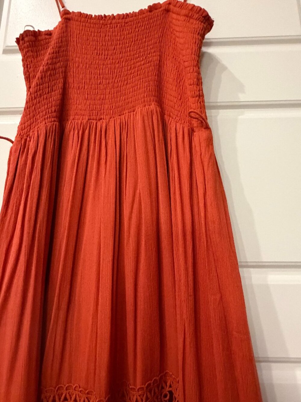 Fashion Nova Rust Orange Smocked Crochet Lace Tiered Maxi Dress (Medium)